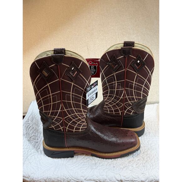 Justin Men\'s Brown 13D NWT Derrickman Ostrich EH Composite Toe Wellington Boots main image 12